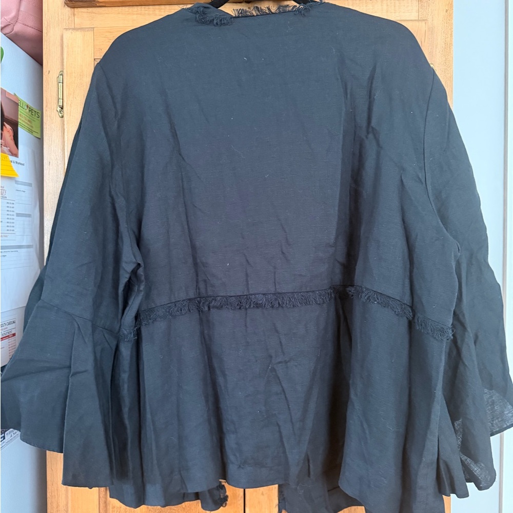 Chico's Linen Black Fringe Trim Bell-Sleeve Jacket - Picture 15 of 16